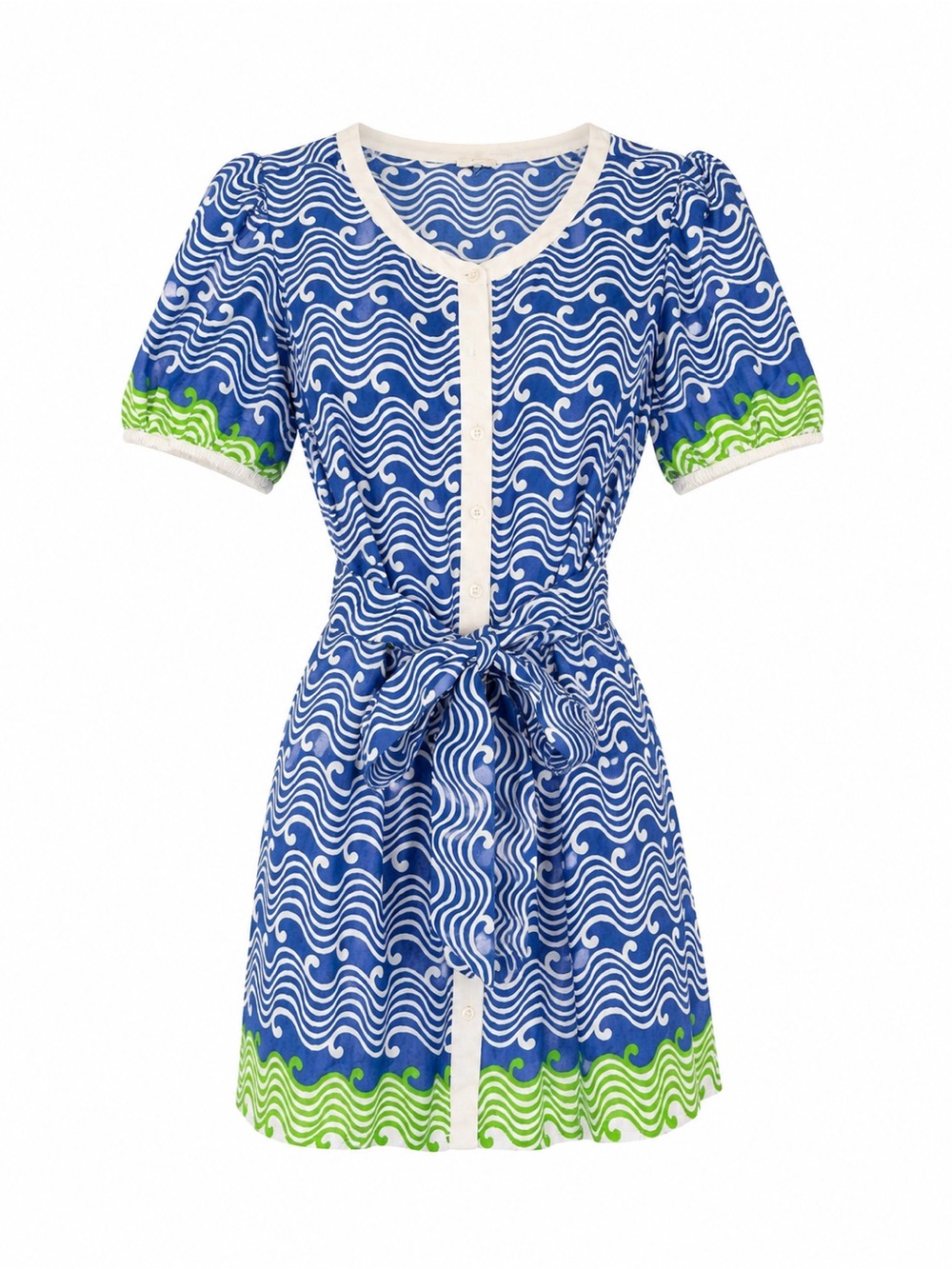 Roller Rabbit Blue Wave Print Tie-Waist Mini Dress Coastal Beach Size Small
